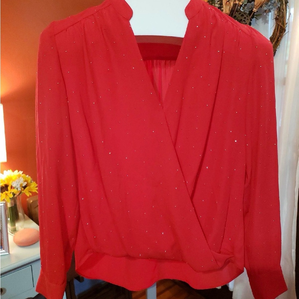 INC International Concepts Red Sparkle Wrap Blouse